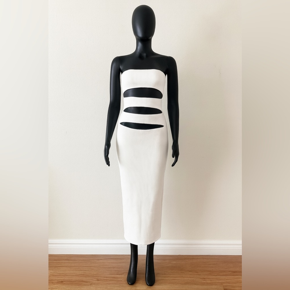 🤍 ZARA WHITE STRAPLESS CUTOUT BODYCON MIDI DRESS SZ SMALL 🤍
